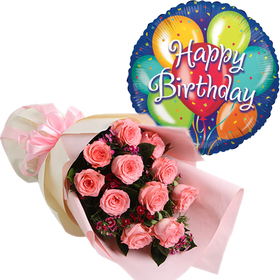 Flower Shop in Tokyo Japan - 12 Pink Roses Birthday Balloon