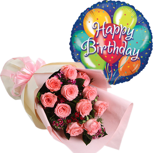 Flower Shop in Tokyo Japan - 12 Pink Roses Birthday Balloon