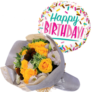 Florist Tokyo | 12 Yellow Roses & Mini Mylar Balloon